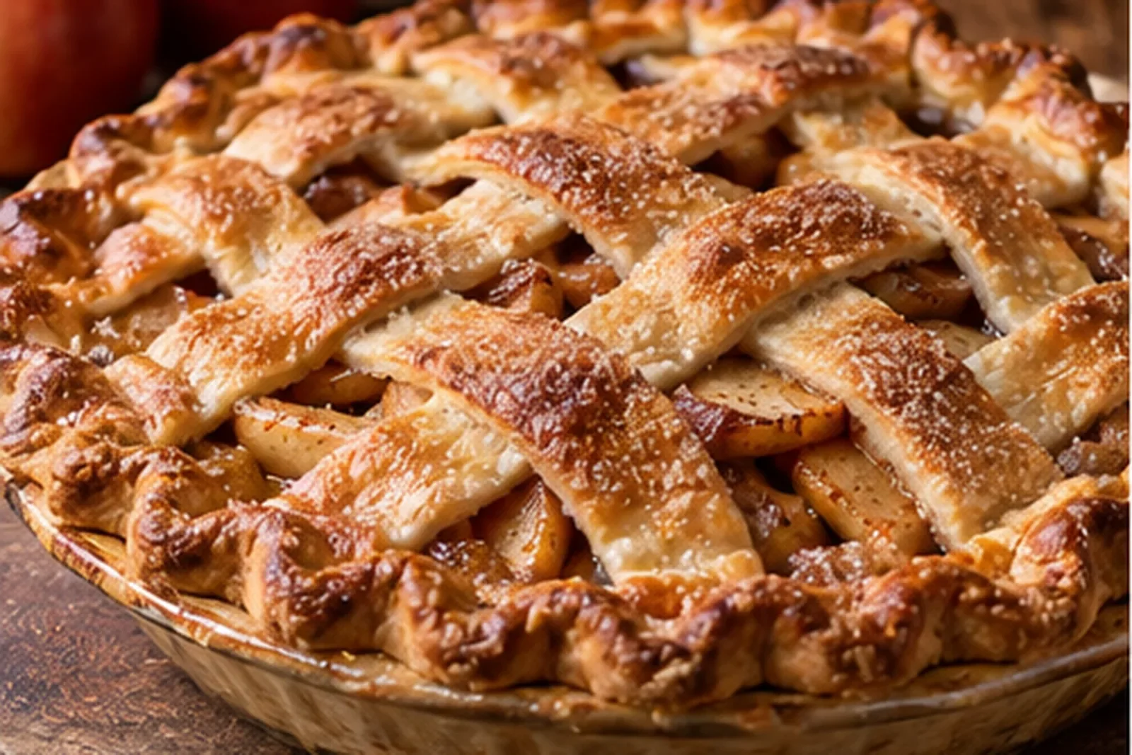 Golden lattice-topped apple pie showing tender sliced apples and a crisp browned crust