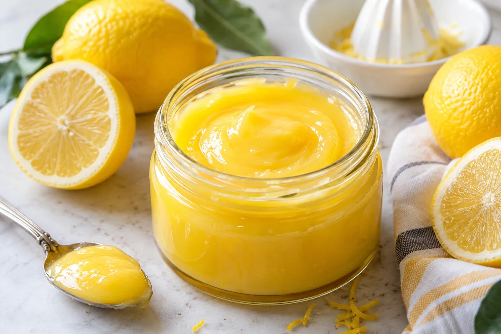 Glossy bright yellow lemon curd in a glass jar with fresh lemons