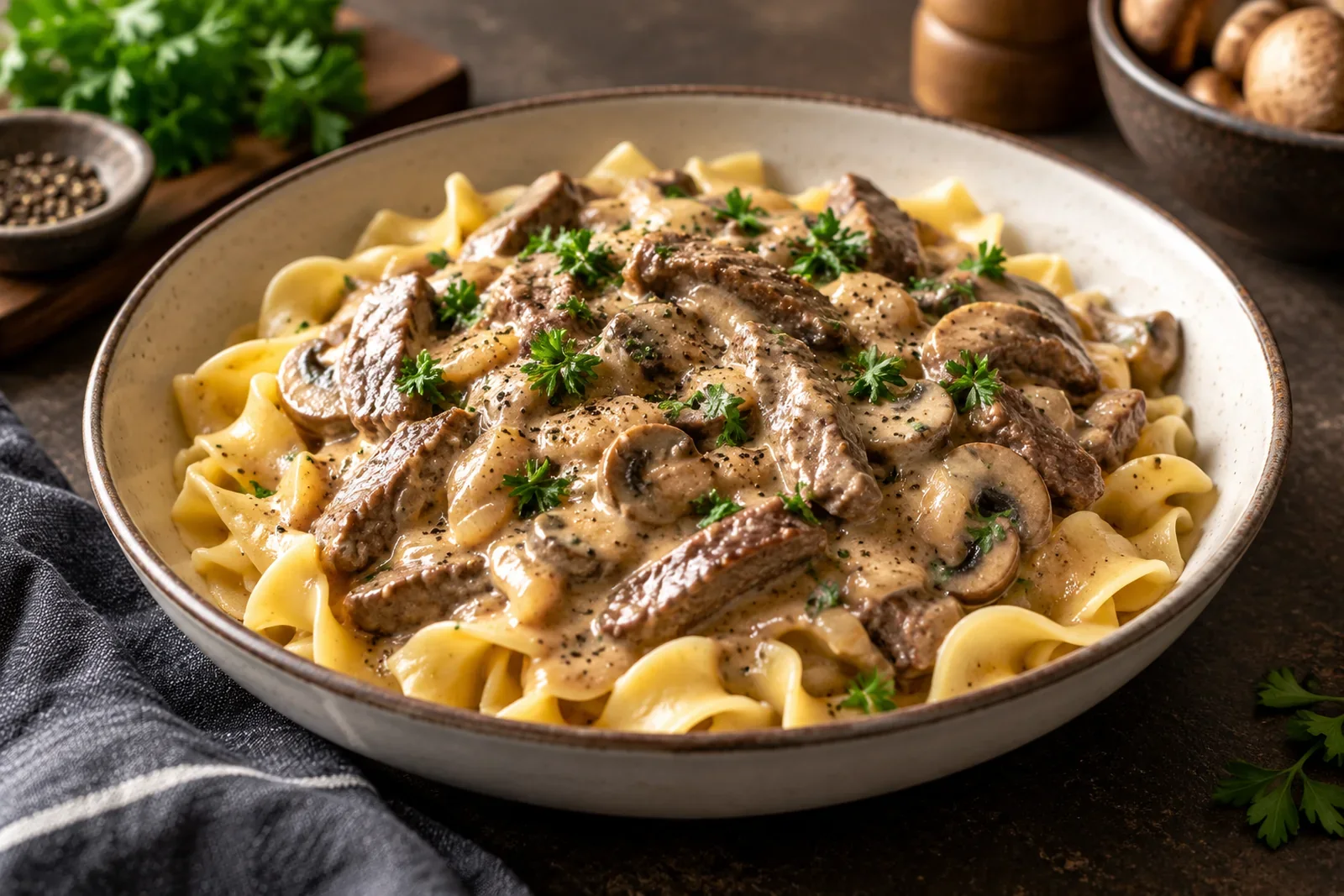 Creamy beef stroganoff with mushrooms over wide egg noodles