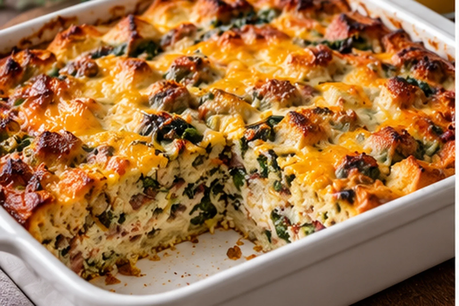 Golden breakfast casserole with eggs, spinach, sausage and melted cheese in a white baking dish