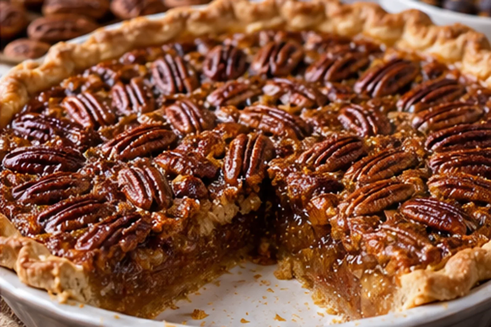 Glossy pecan pie with toasted pecan halves and a clean slice removed