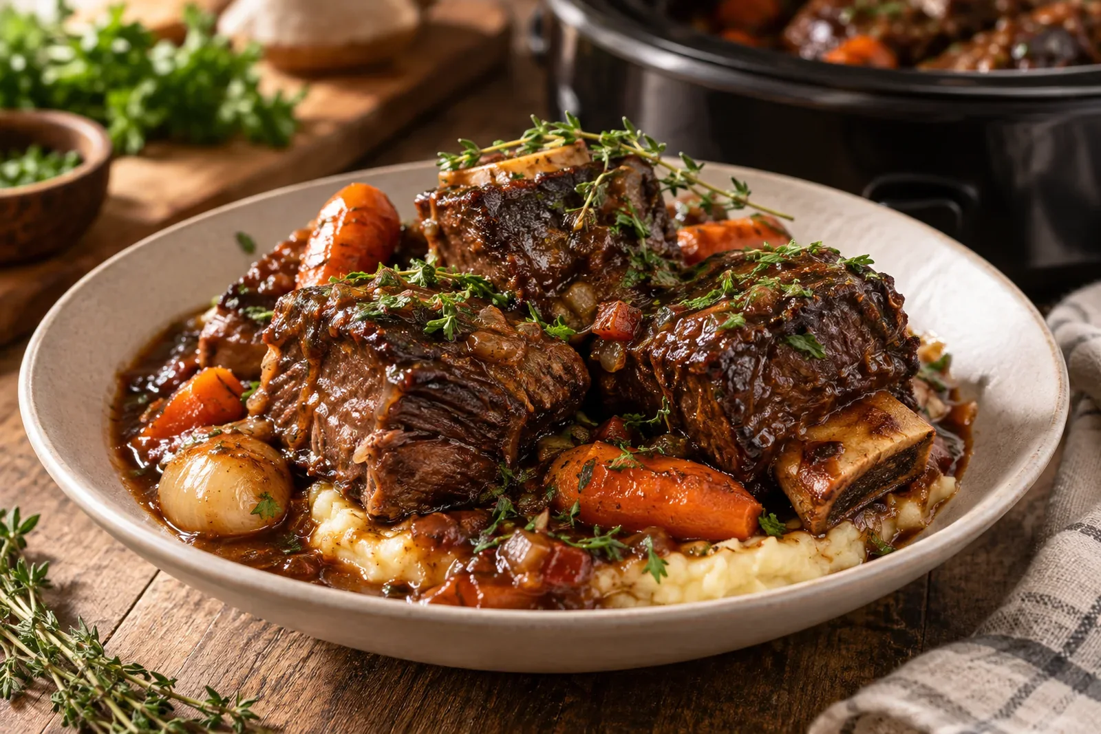 Slow-cooked beef short ribs in glossy gravy over mashed potatoes