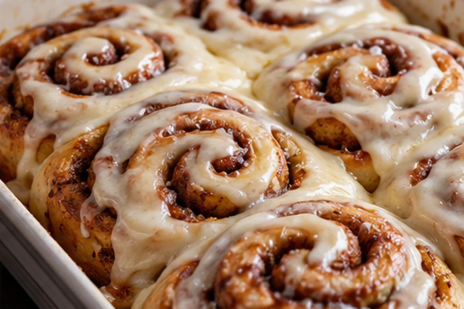 Photorealistic pan of soft spiral cinnamon rolls covered with glossy vanilla icing