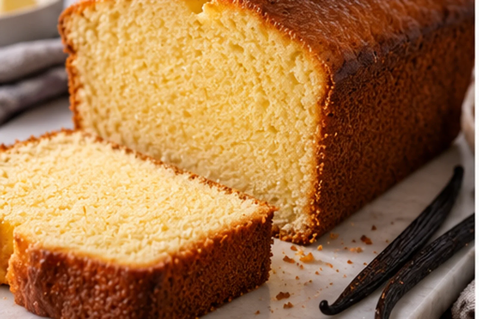 Golden pound cake loaf with a fine buttery crumb and one slice cut