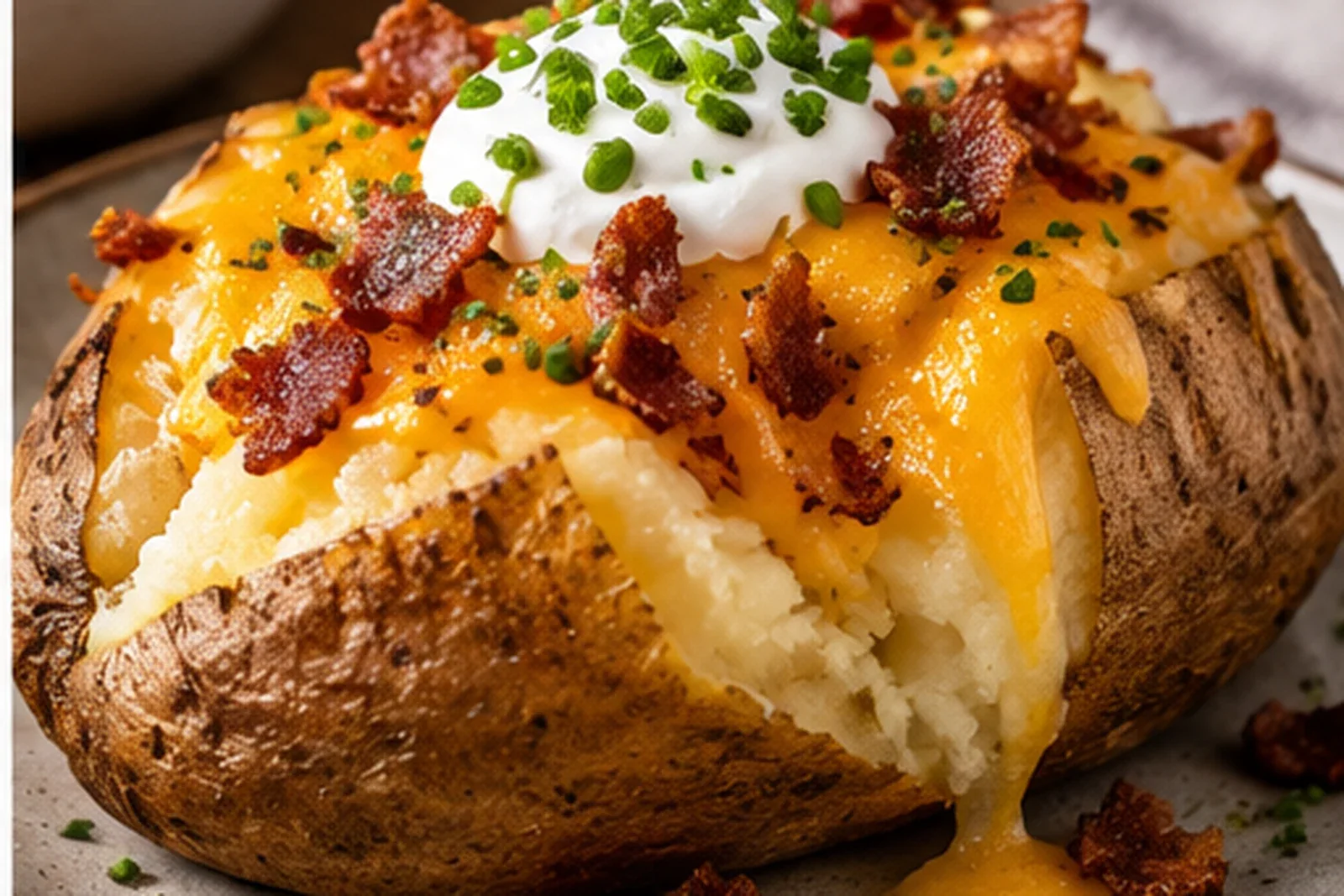 Fluffy baked russet potato loaded with melted cheddar, crisp bacon, sour cream and chives