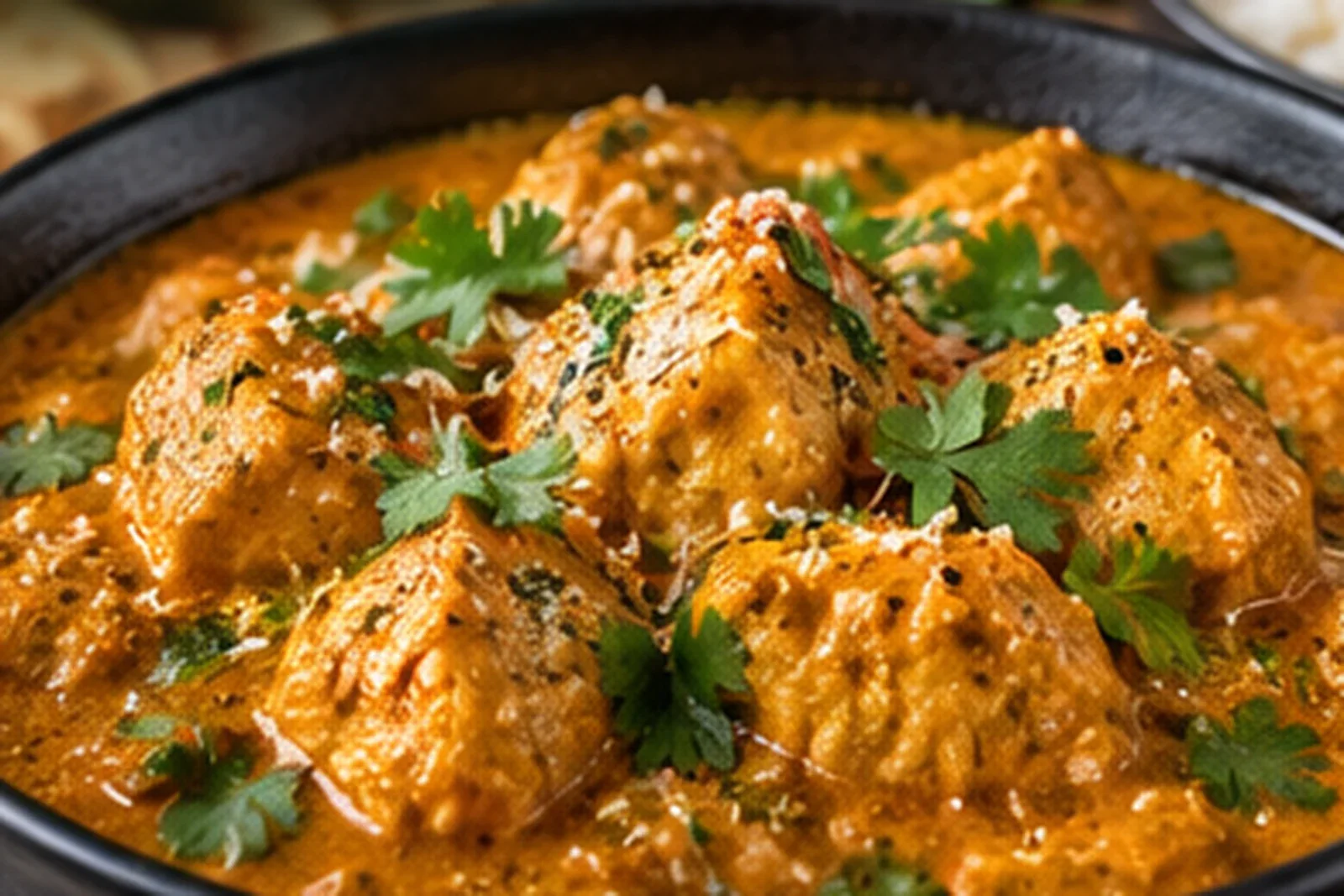 Tomato yogurt chicken curry in a dark bowl with cilantro