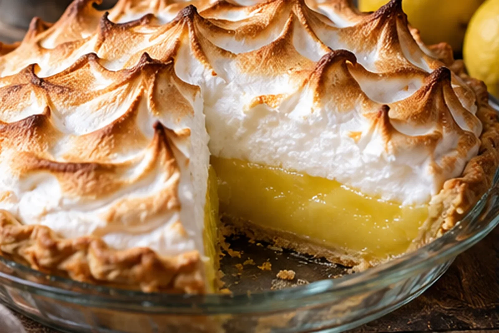Lemon meringue pie with a bright yellow filling and tall toasted white meringue peaks