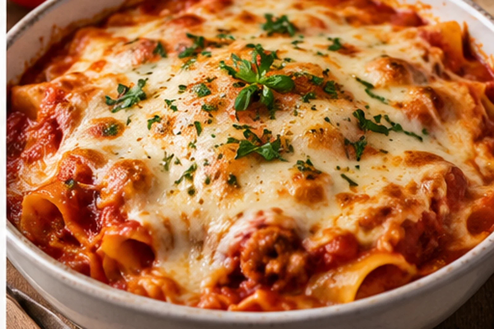 Baked ziti with tomato sauce, browned mozzarella, herbs and Parmesan
