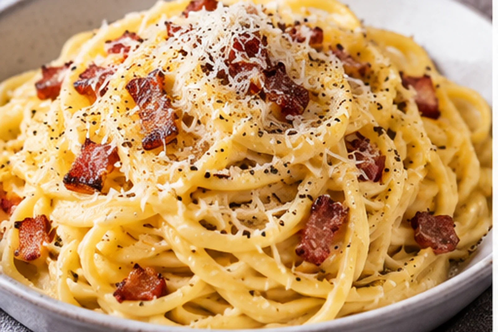 Creamy spaghetti carbonara with crisp pancetta, grated cheese and black pepper