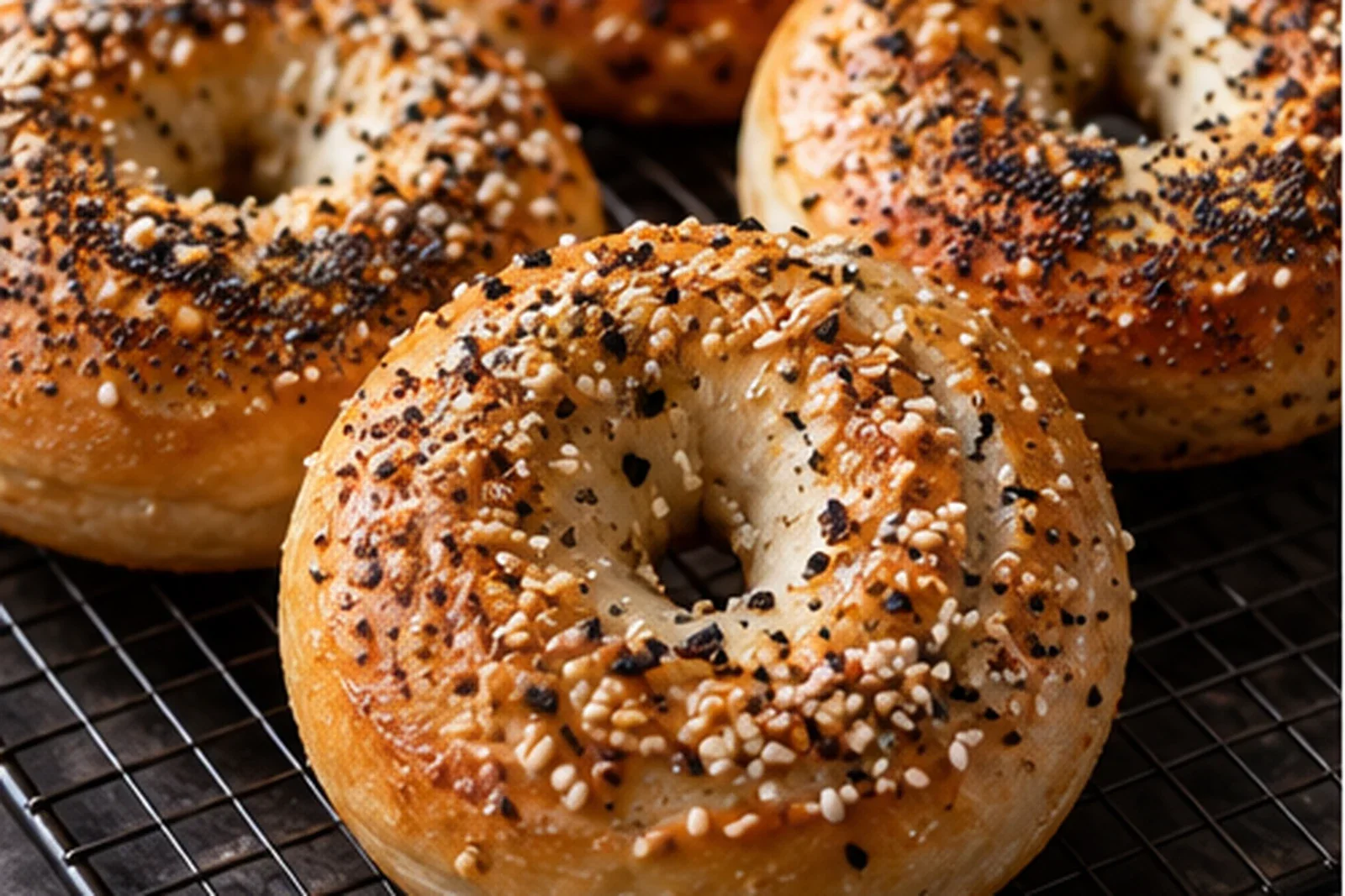 Photorealistic seeded homemade bagels with glossy browned crusts on a cooling rack
