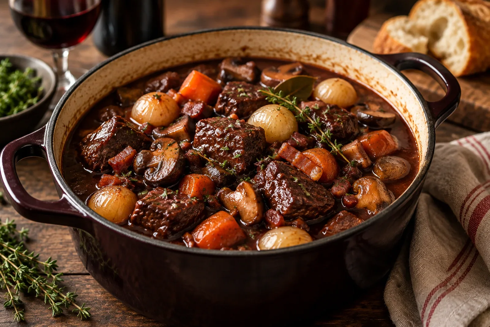 Beef bourguignon with red-wine braised beef, mushrooms, carrots and pearl onions