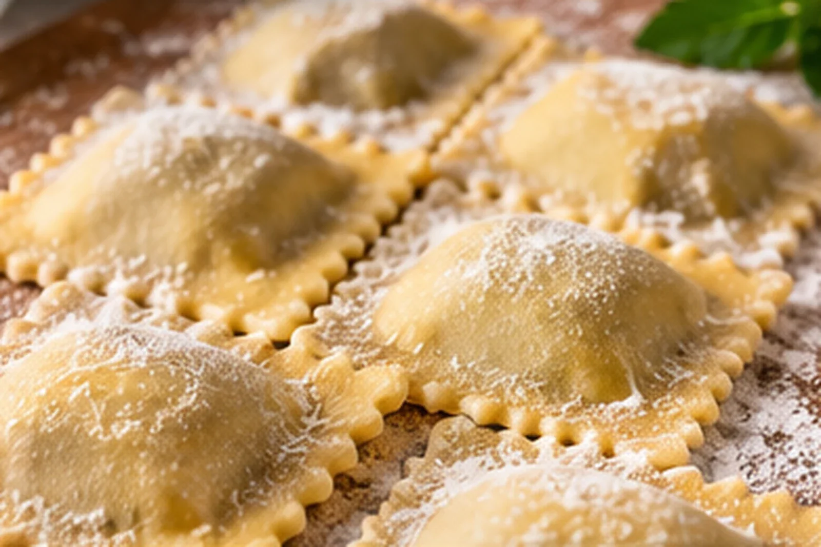 Fresh homemade ricotta ravioli dusted lightly with flour