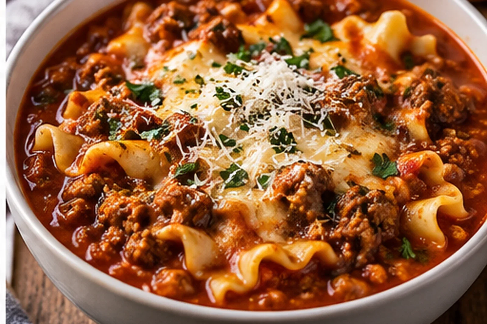 Lasagna soup with broken noodles, tomato broth, browned meat, melted cheese and herbs