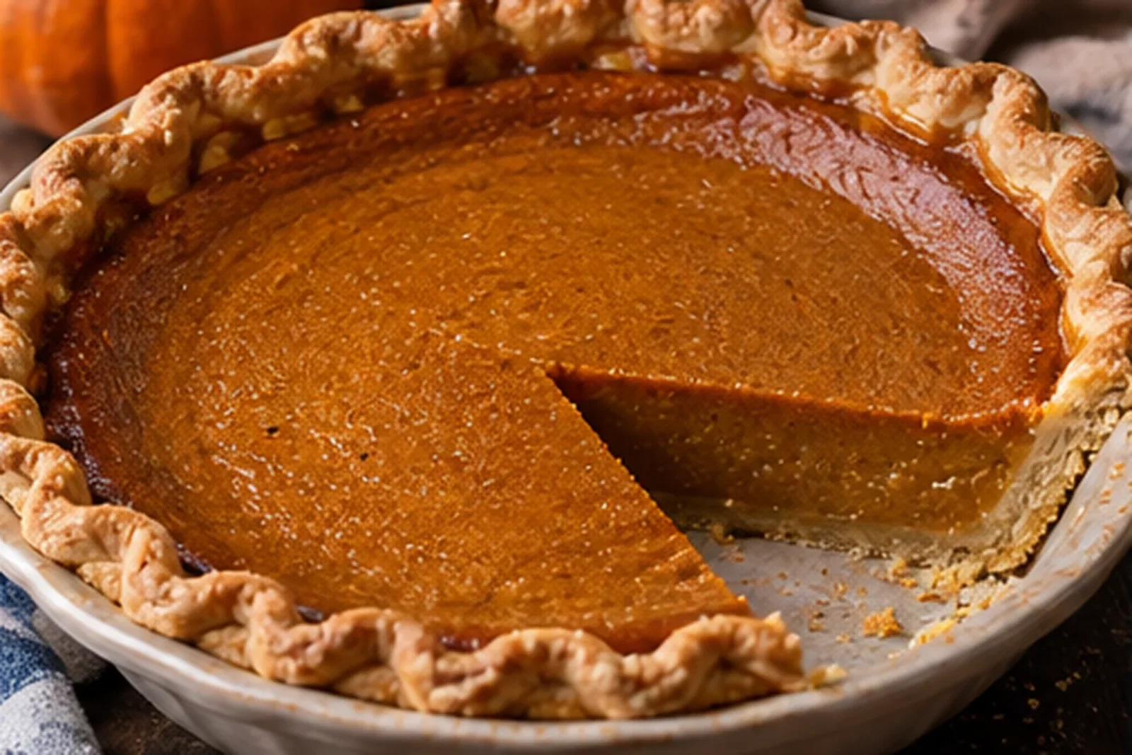 Classic pumpkin pie with a smooth orange custard filling and golden crimped crust