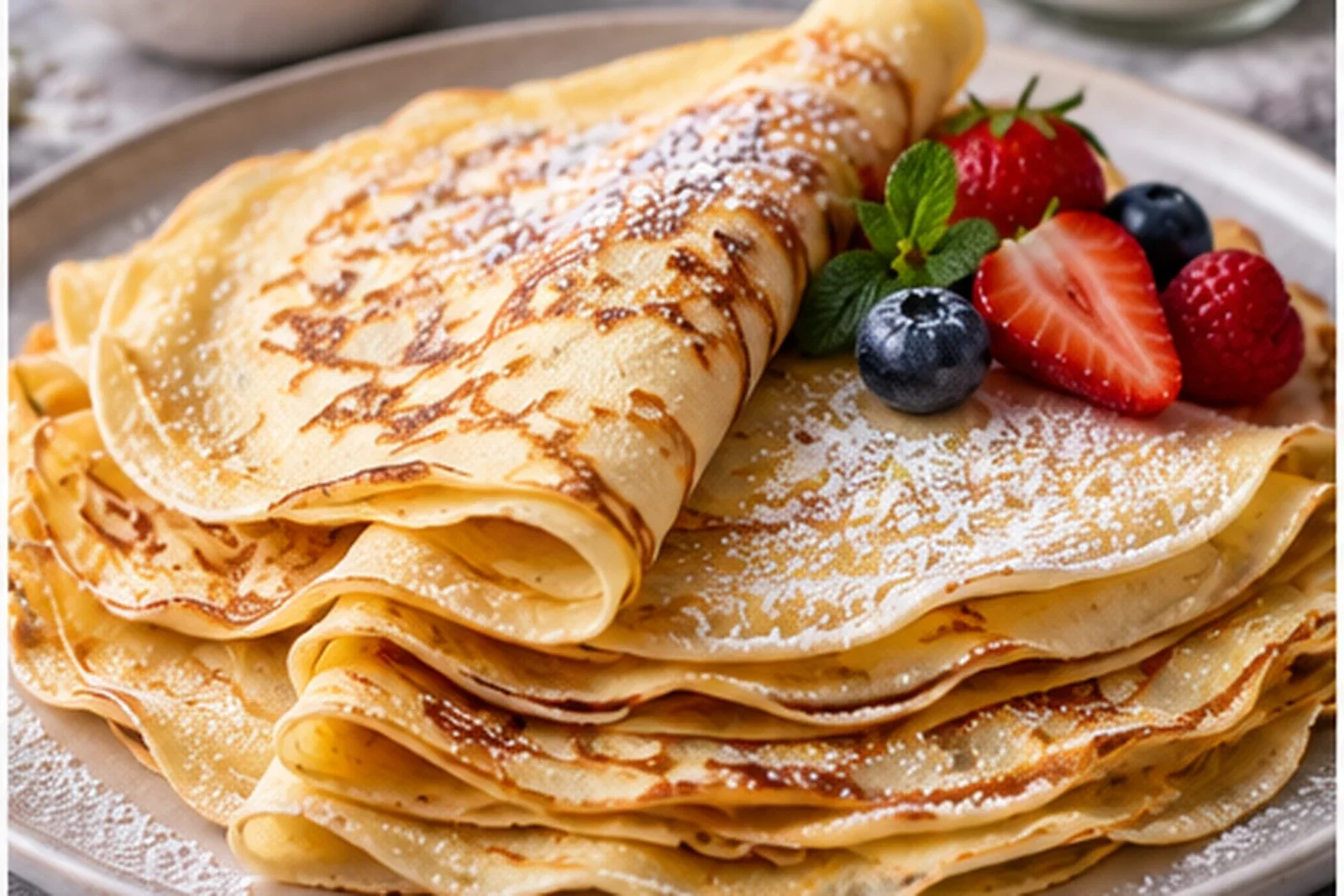 Thin golden crêpes folded and stacked with berries on a ceramic plate