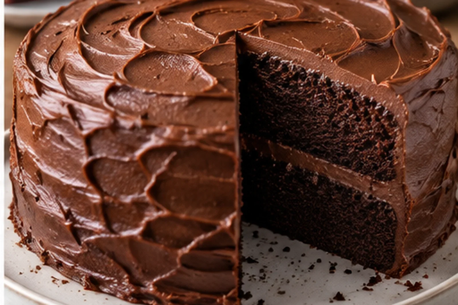 Tall two-layer chocolate cake with glossy dark chocolate frosting and a moist cut slice on a white plate