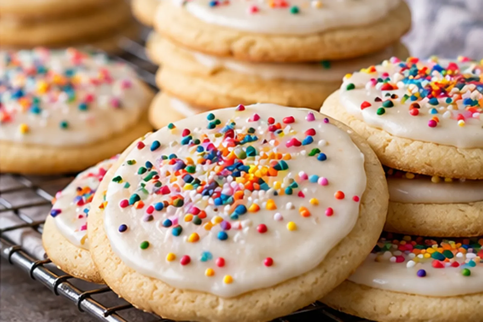Round classic sugar cookies with pale icing and colorful sprinkles on a cooling rack