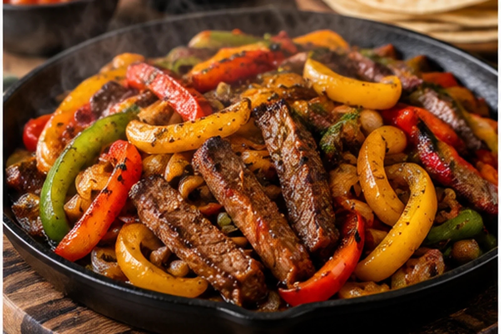 Sizzling steak fajitas with charred red yellow and green peppers and onions in a cast-iron skillet