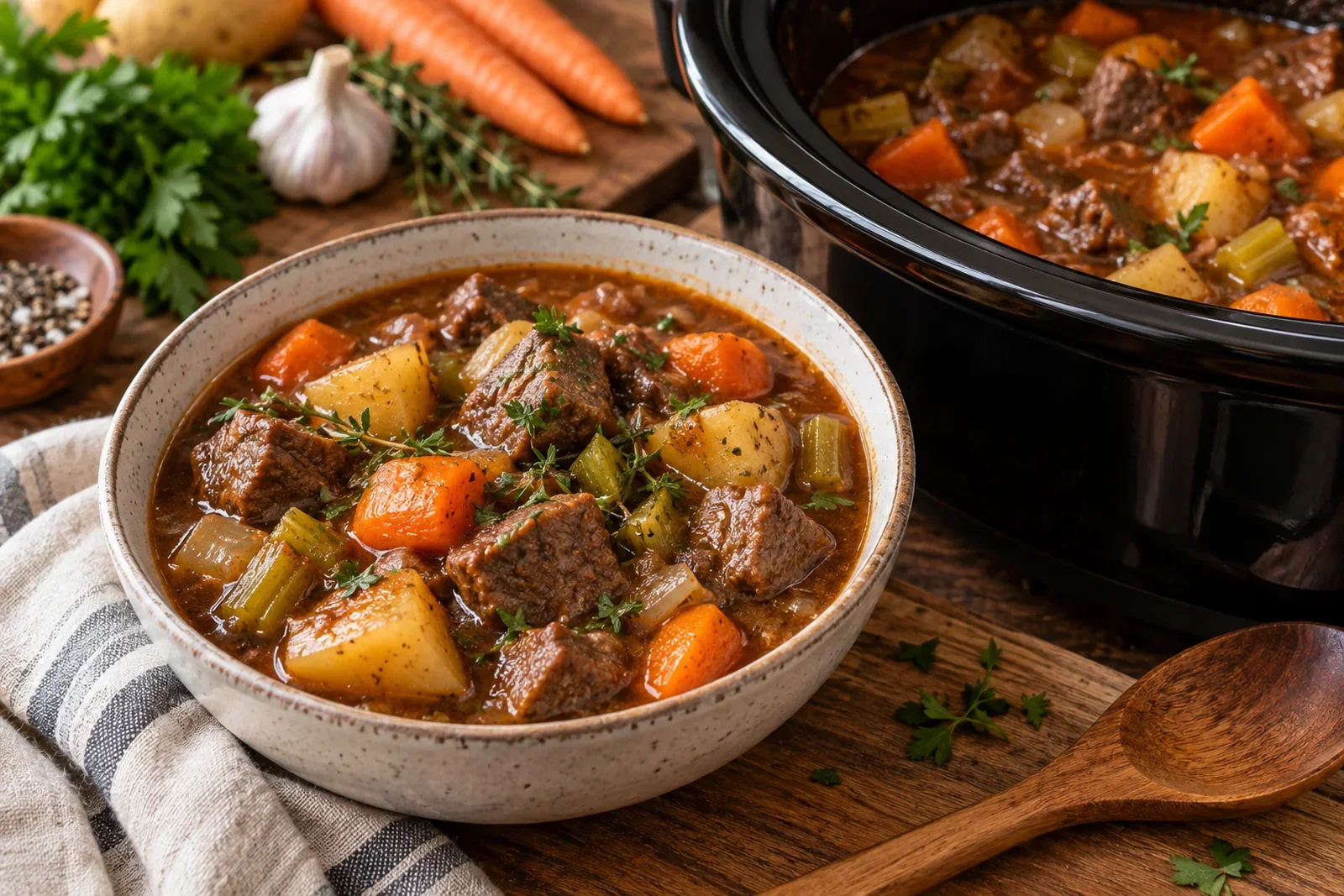 Slow cooker beef stew with tender beef, carrots, potatoes and celery