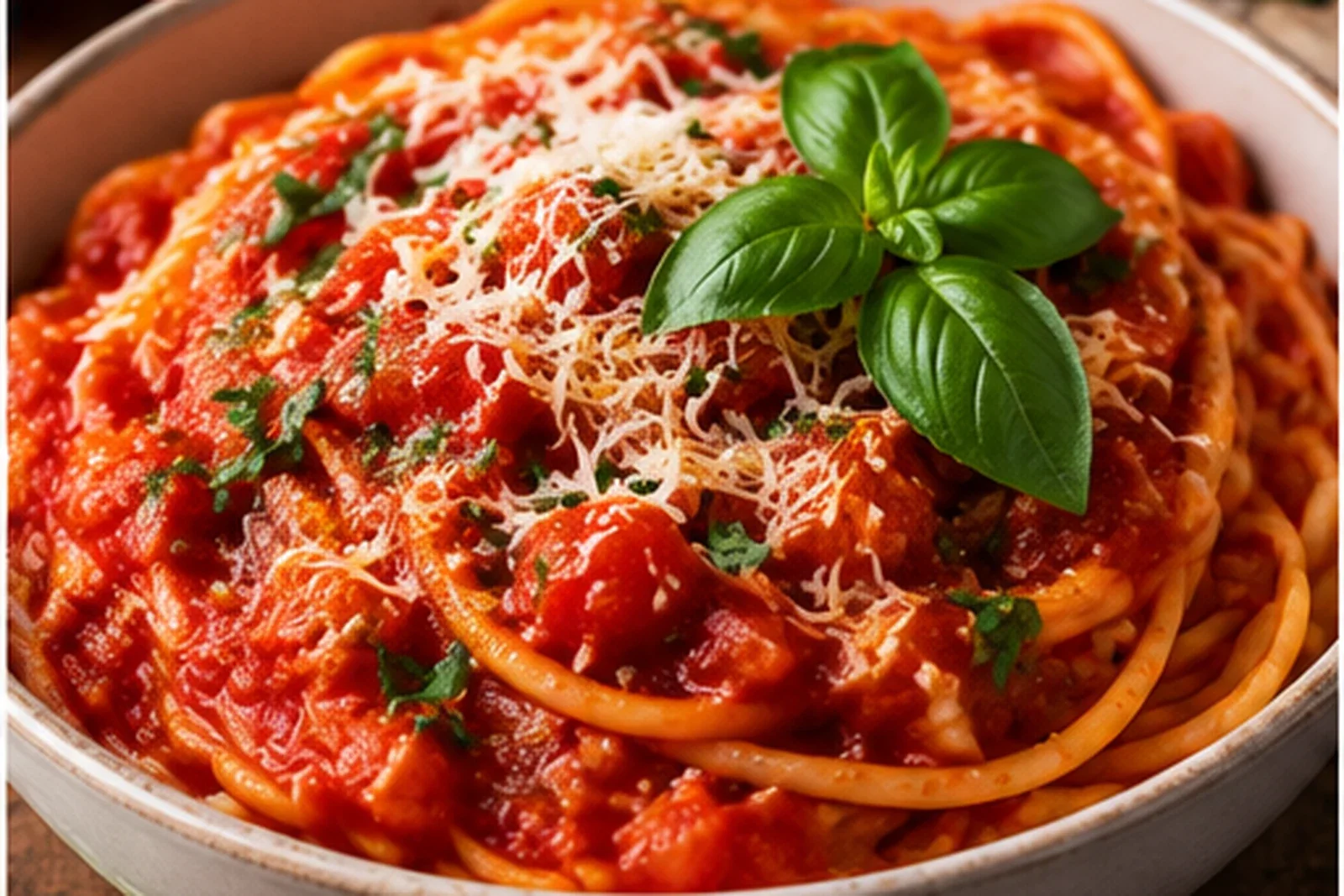 Spaghetti pomodoro with bright tomato sauce, basil and grated Parmesan