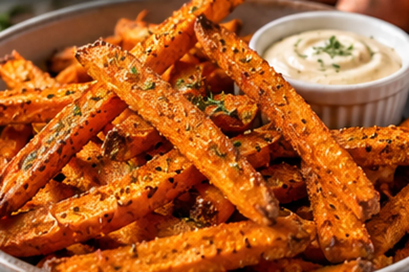 Crispy baked sweet potato fries with browned edges and herbs