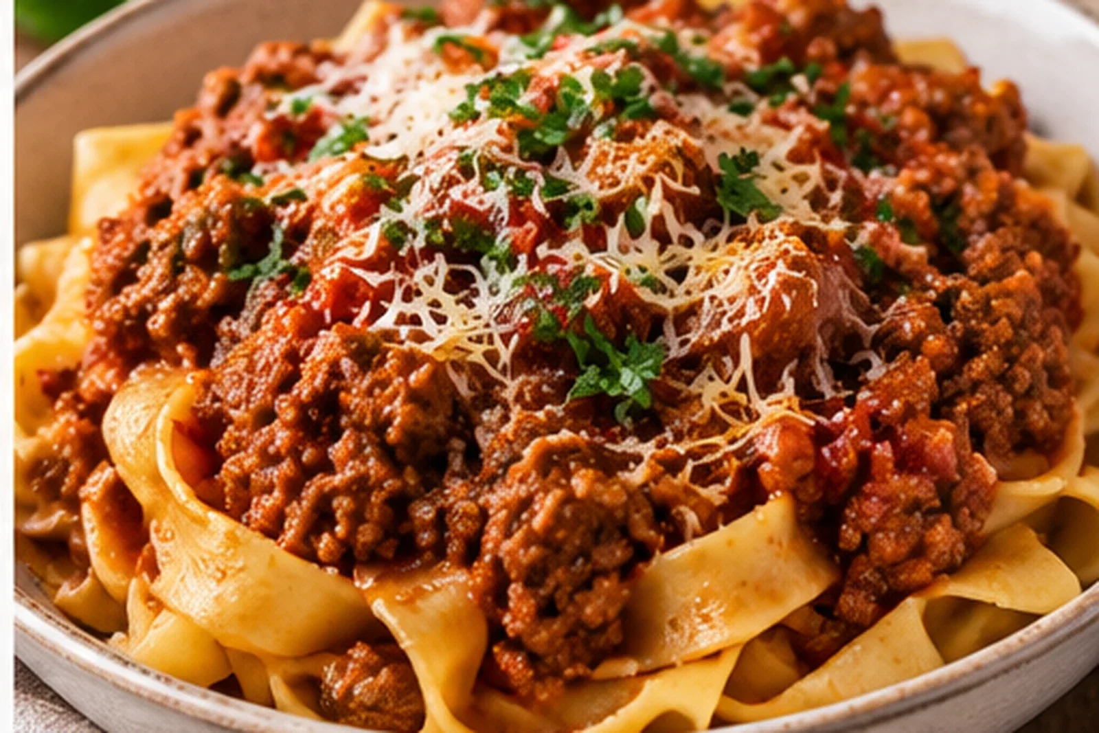 Spaghetti Bolognese with slow-cooked meat sauce, Parmesan and basil
