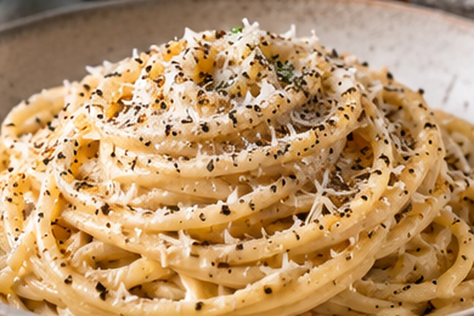 Creamy cacio e pepe pasta coated in Pecorino Romano and black pepper
