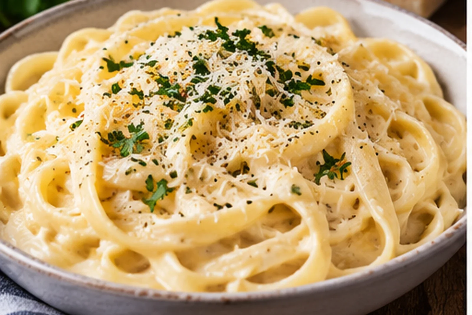 Creamy fettuccine Alfredo with Parmesan, black pepper and parsley