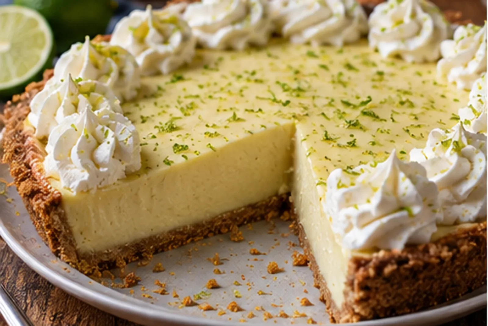 Creamy pale-yellow Key lime pie in a graham cracker crust with fresh lime garnish