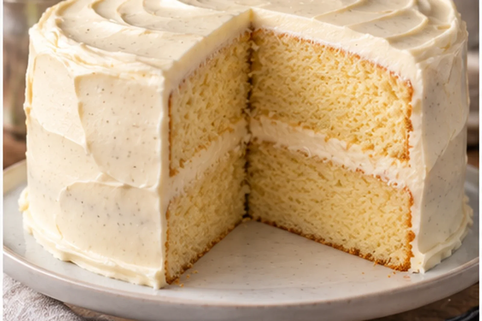 Two-layer vanilla cake with smooth vanilla frosting and a pale tender crumb
