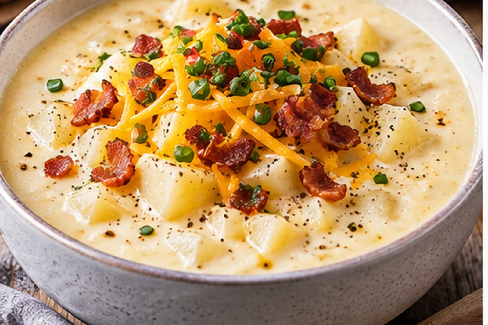Creamy potato soup with tender potato chunks, cheddar, bacon and chives