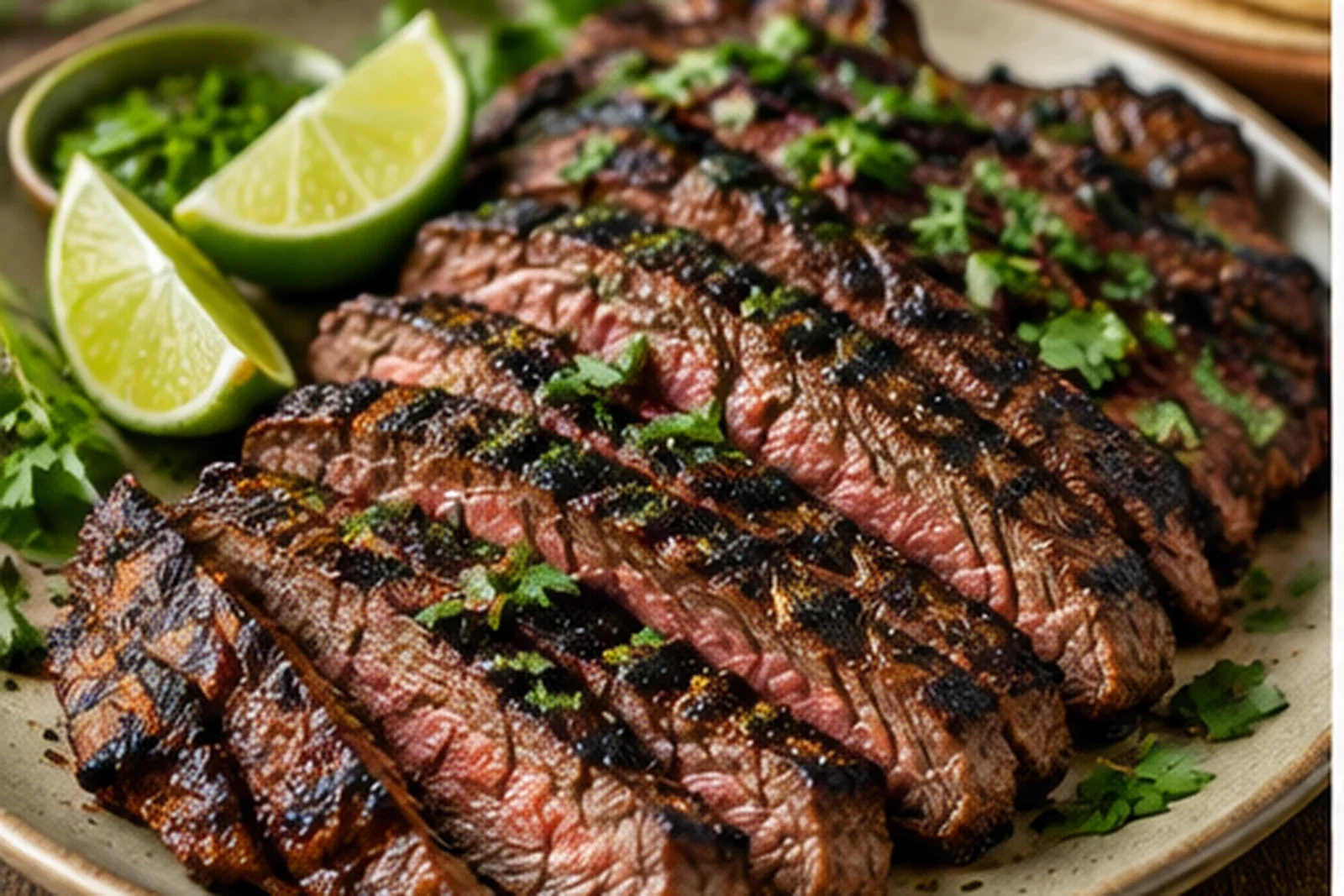 Charred carne asada sliced thinly across the grain with lime and cilantro on a ceramic platter