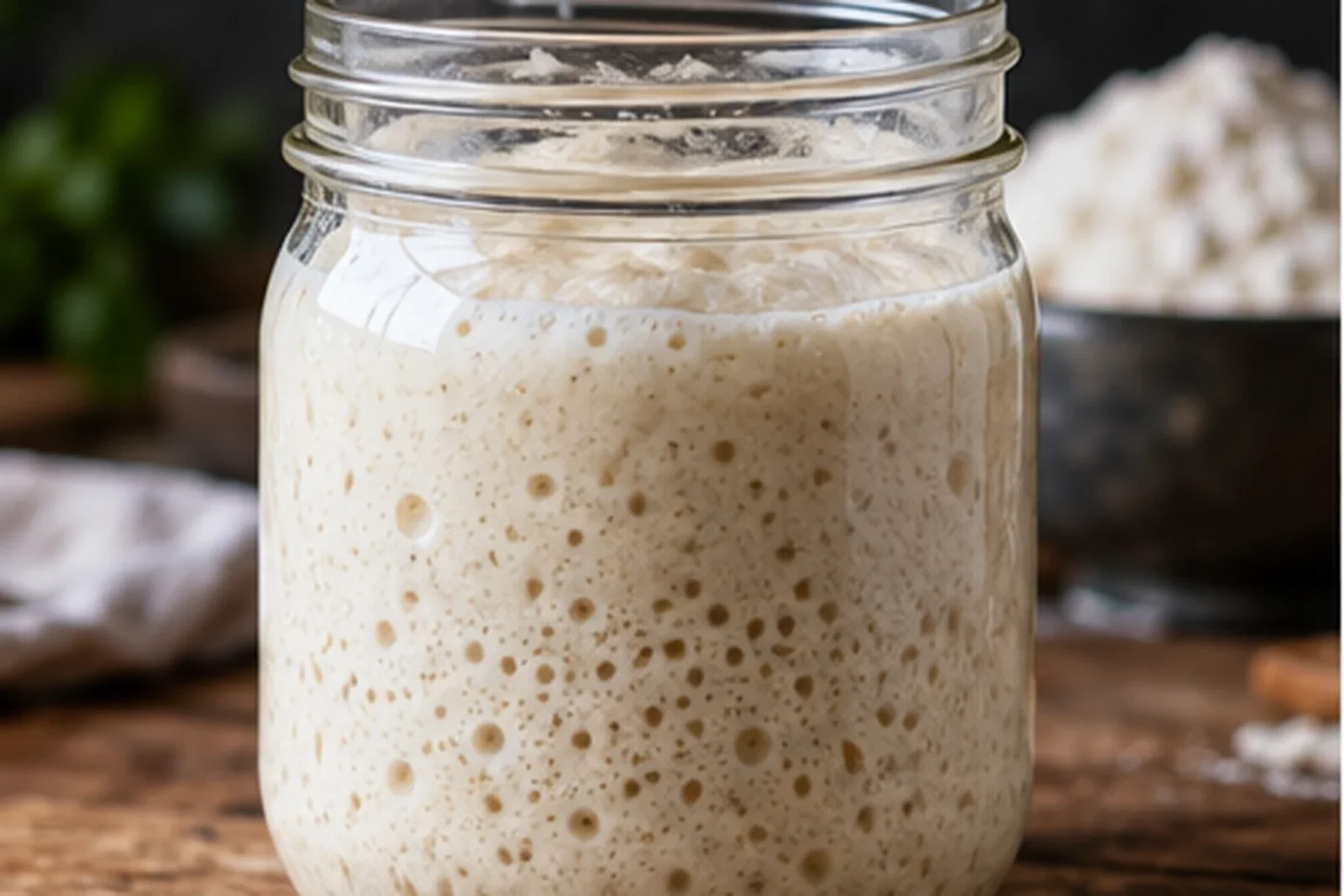 Photorealistic glass jar of active bubbly sourdough starter on a wooden kitchen surface