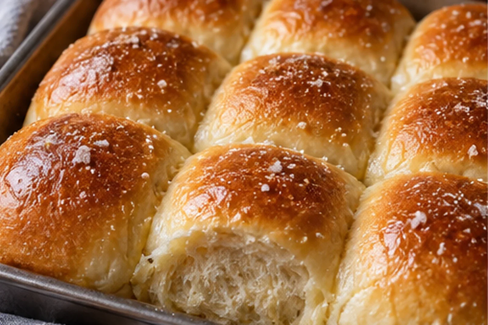 Photorealistic pan of glossy golden pull-apart dinner rolls with a soft torn crumb