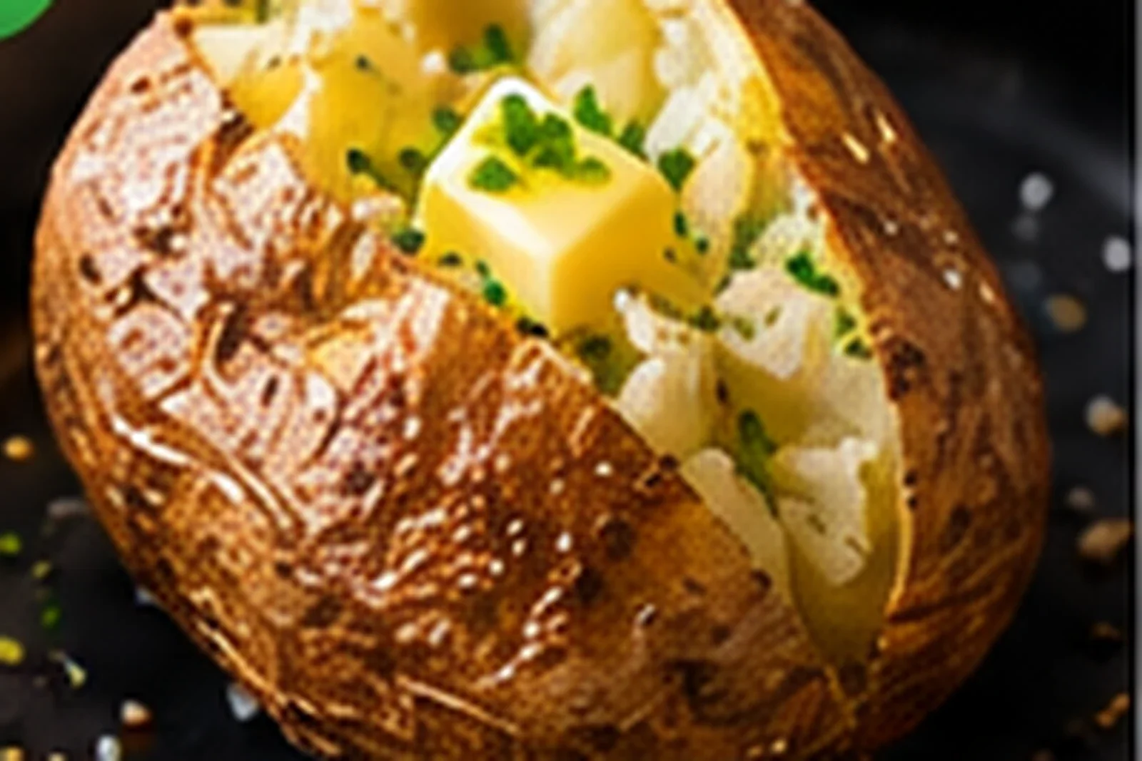 Photorealistic air fryer baked potato with crisp brown skin, fluffy center, butter and chives on a dark plate