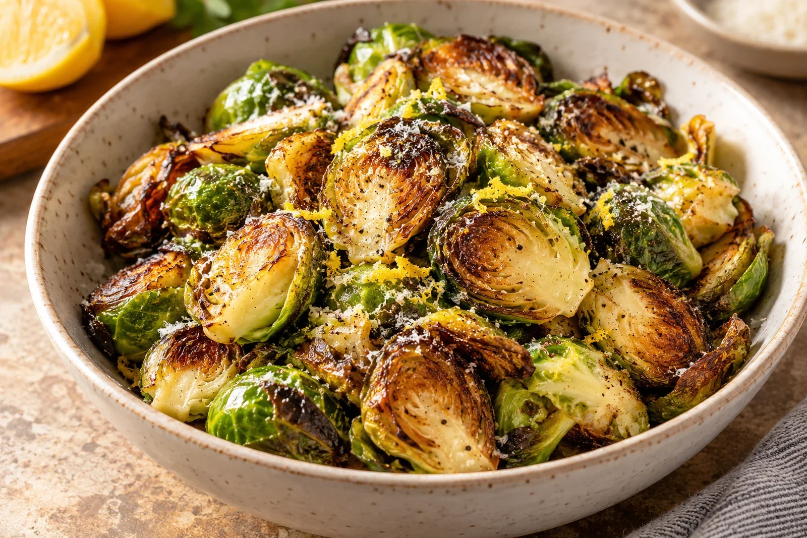Crispy browned Brussels sprouts with caramelized edges, Parmesan and lemon zest