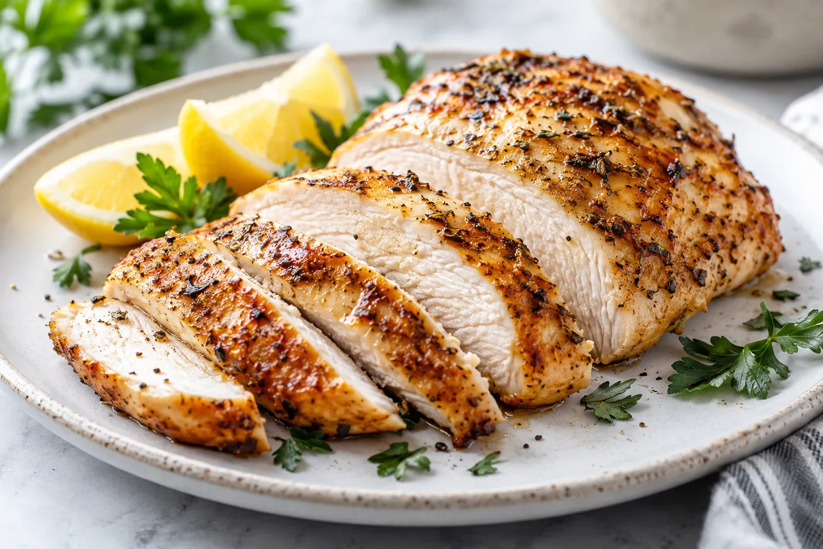 Sliced herb-seasoned chicken breast with a golden exterior, juicy center and lemon wedges