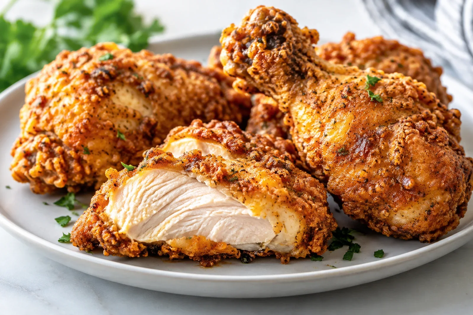 Crispy golden air fryer fried chicken pieces with craggy seasoned coating