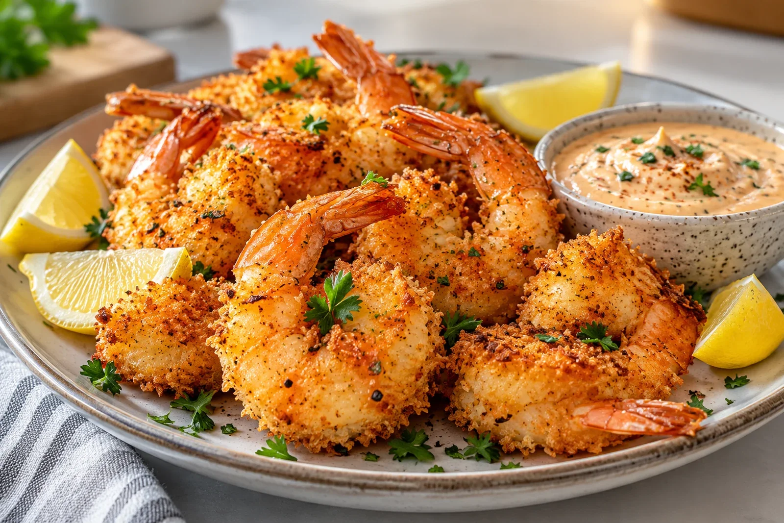 Golden panko-breaded air fryer shrimp with lemon wedges, parsley and creamy dipping sauce on a neutral ceramic plate