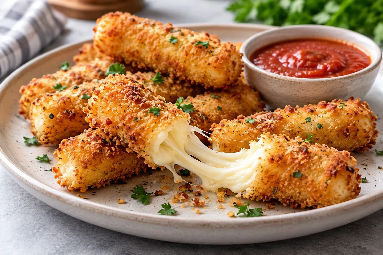 Golden air fryer mozzarella sticks with crisp herb-flecked crumbs, one pulled open to show stretchy melted cheese, with marinara on the side