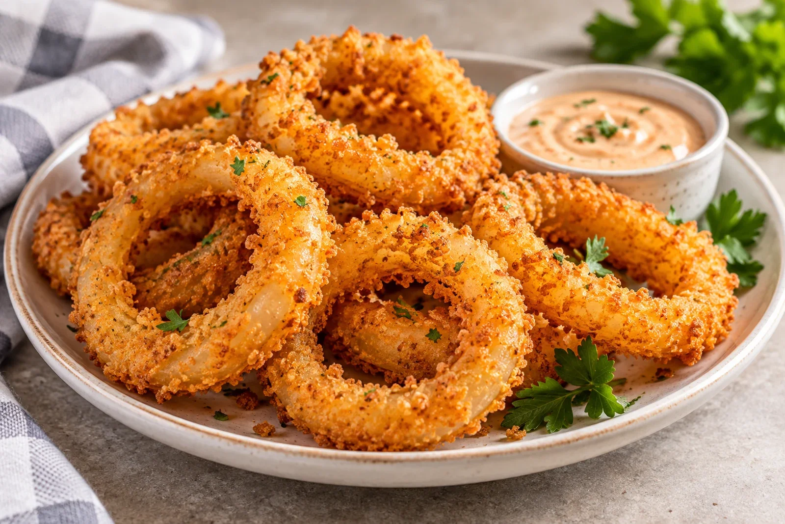 Crunchy golden panko air fryer onion rings piled on a neutral ceramic plate with parsley and creamy dipping sauce