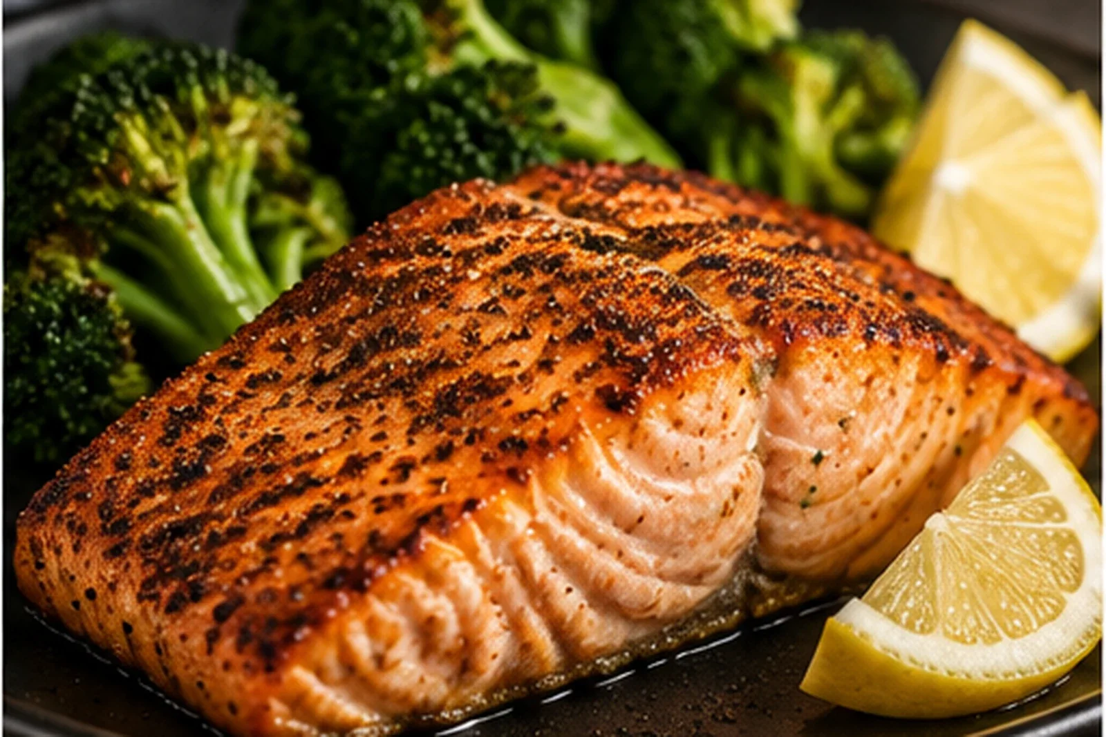 Air-fried salmon fillet with a browned seasoned crust, broccoli and lemon