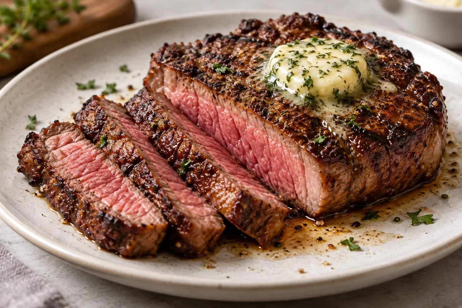 Sliced medium-rare air fryer steak with a dark browned crust, rosy center and melting garlic-herb butter on a neutral ceramic plate