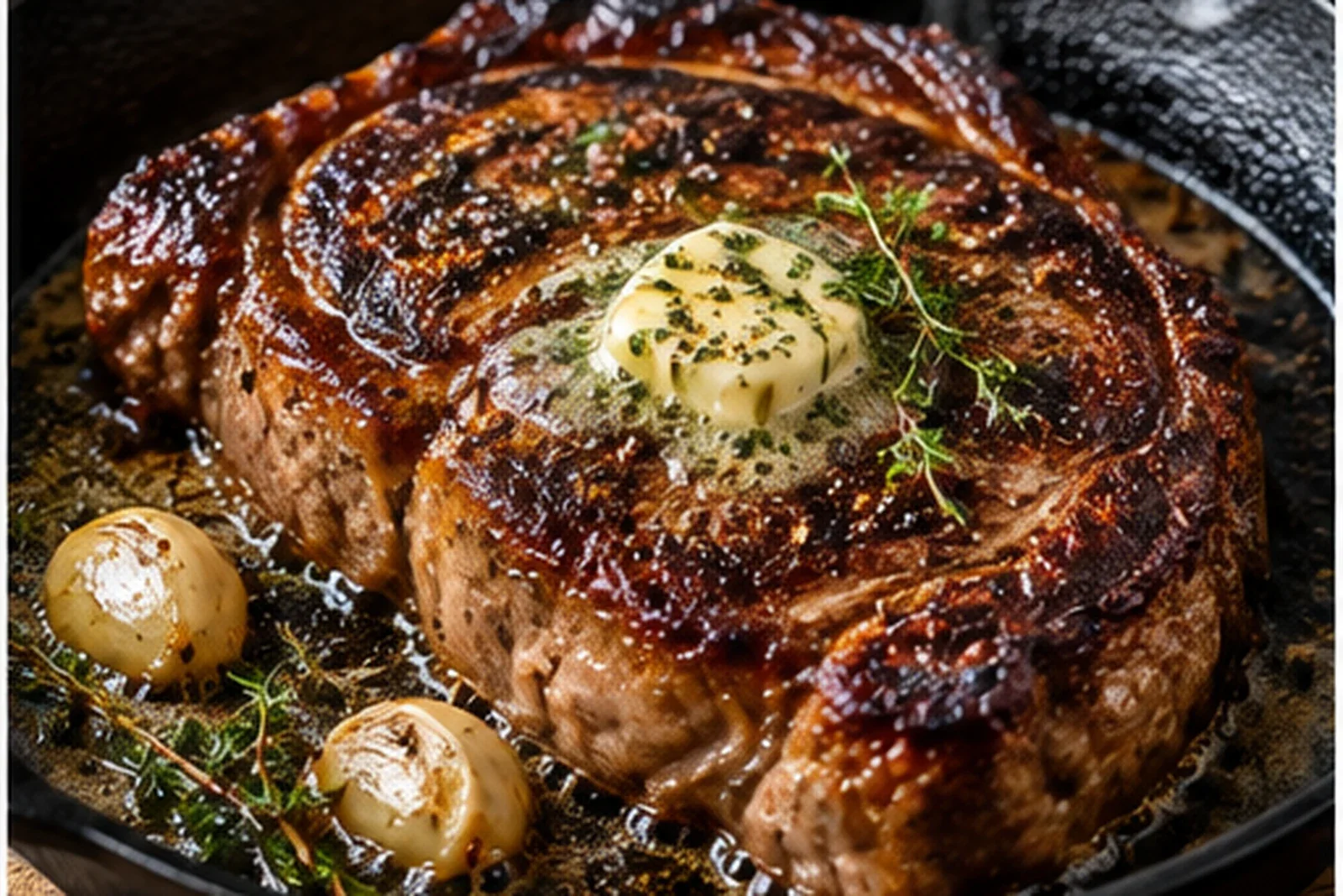 Deeply browned ribeye steak sizzling in a cast-iron skillet with butter garlic and herbs