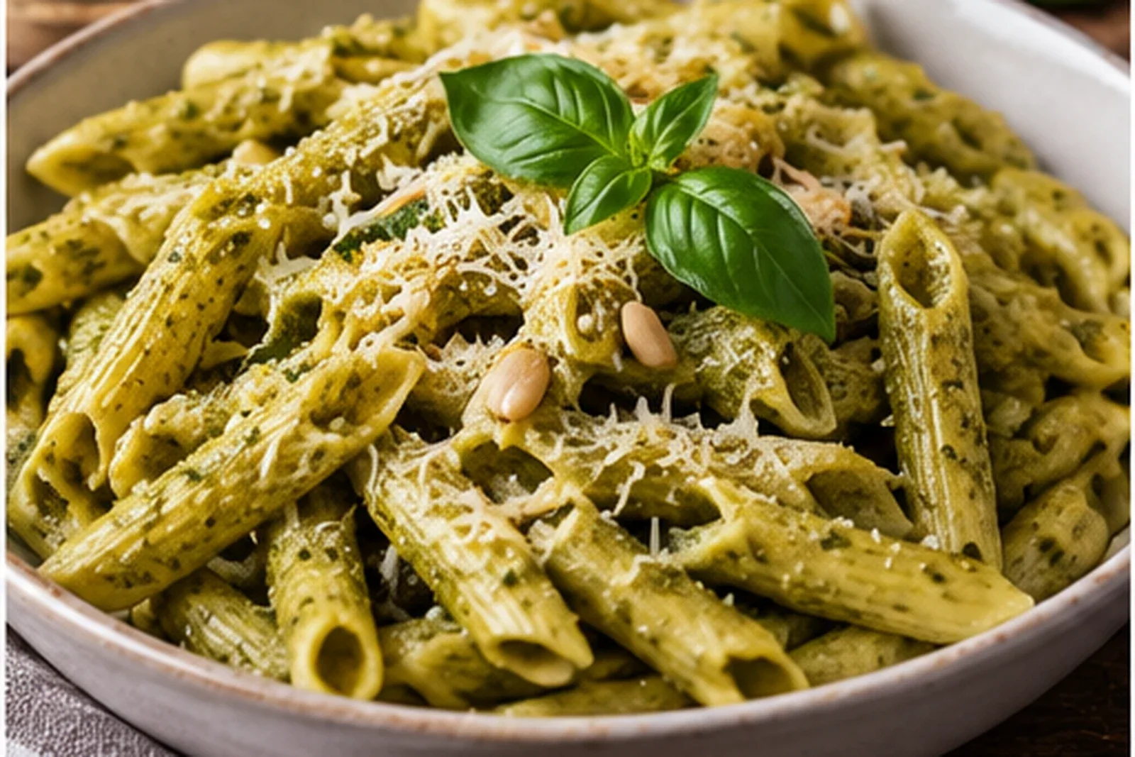 Penne coated in green basil pesto with pine nuts, Parmesan and basil