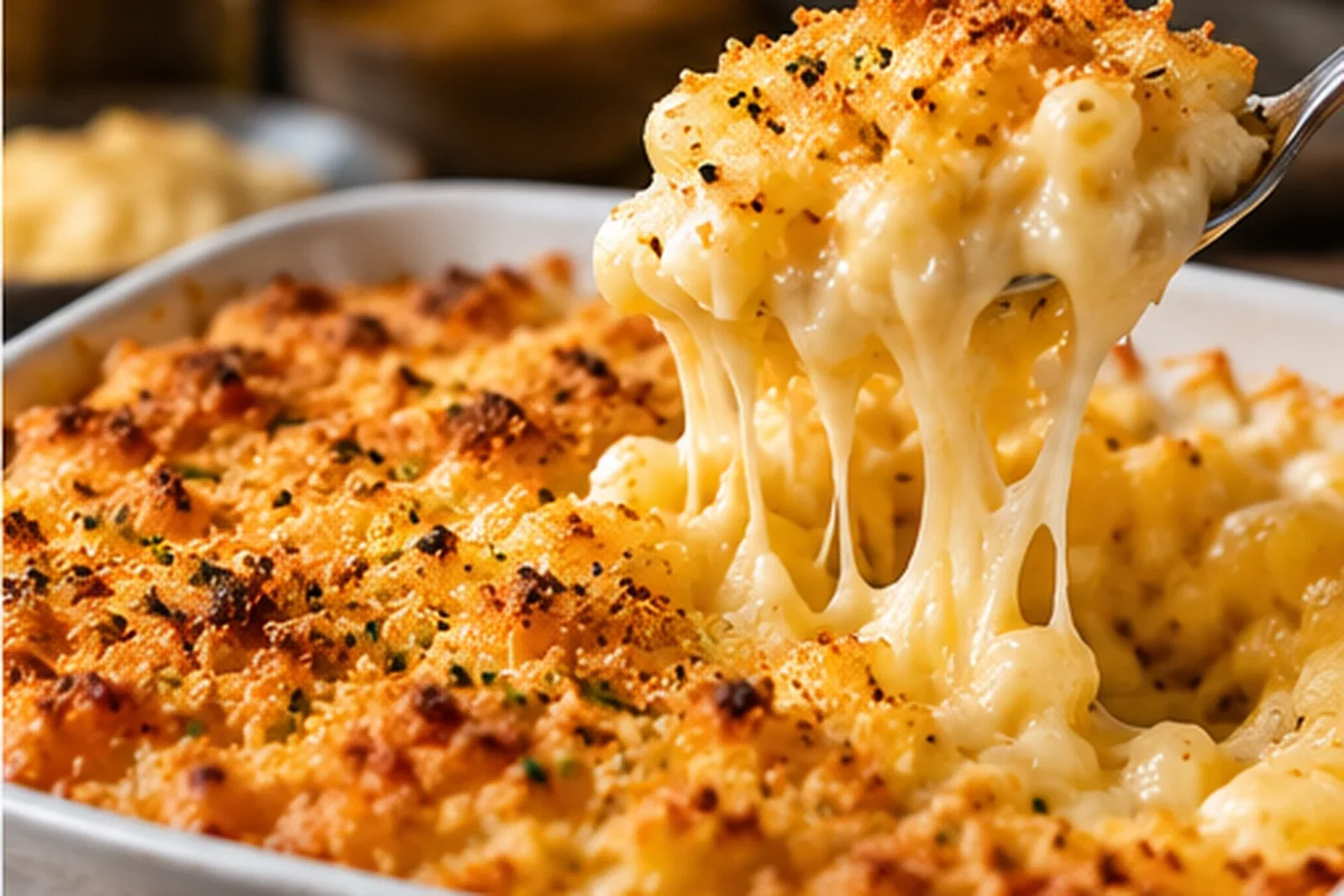 Creamy baked macaroni and cheese with crisp golden breadcrumb topping