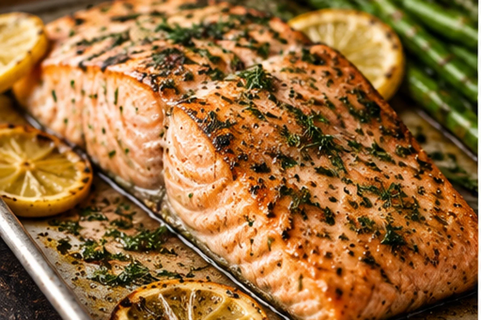 Herb-and-lemon baked salmon fillet with a lightly browned surface