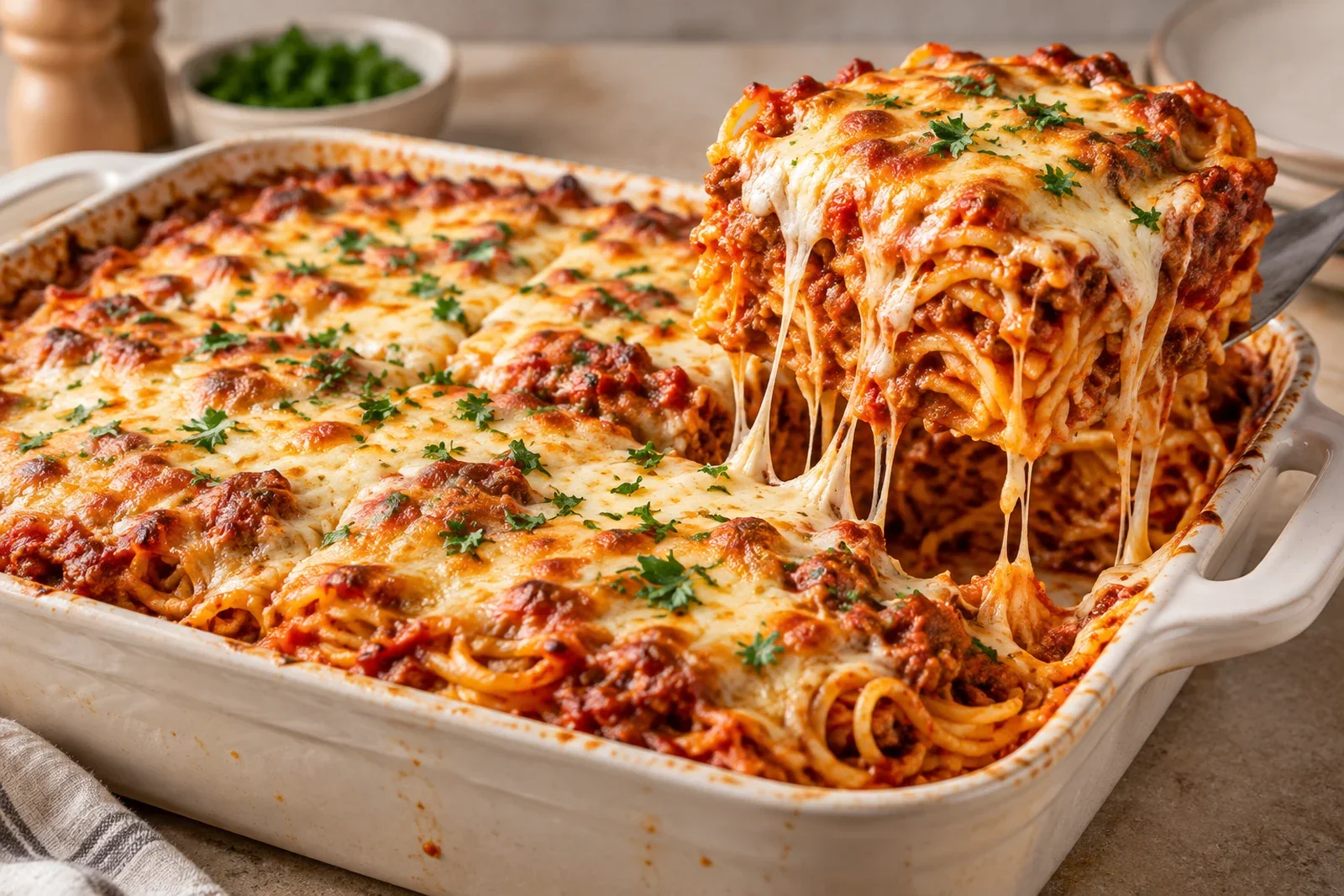 Golden cheesy baked spaghetti casserole with tomato meat sauce and a lifted square portion