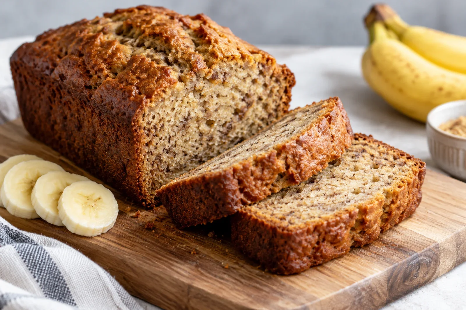 Moist sliced banana bread with a golden brown crust and tender crumb