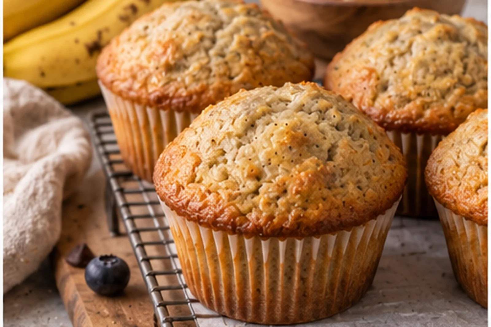 Tender golden banana muffins on a cooling rack with ripe bananas